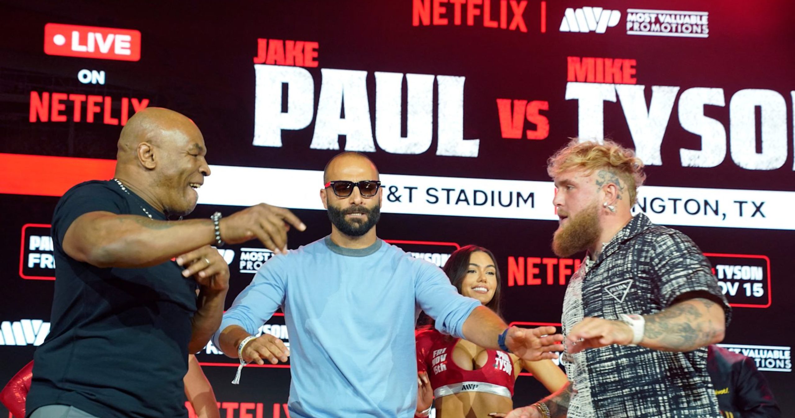 Mike Tyson Trolls Jake Paul Over Fight Presser Faceoff Photos: ‘Love Meeting My Fans’